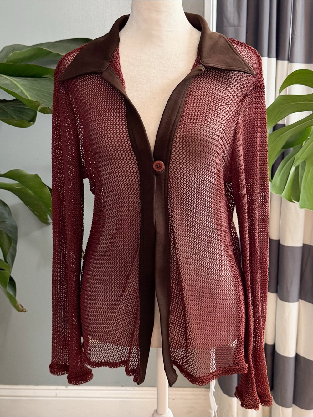 Vintage Charlotte Russe Sheer Crochet Top, Collared, Rust & Brown, Size Large - Picture 2 of 9